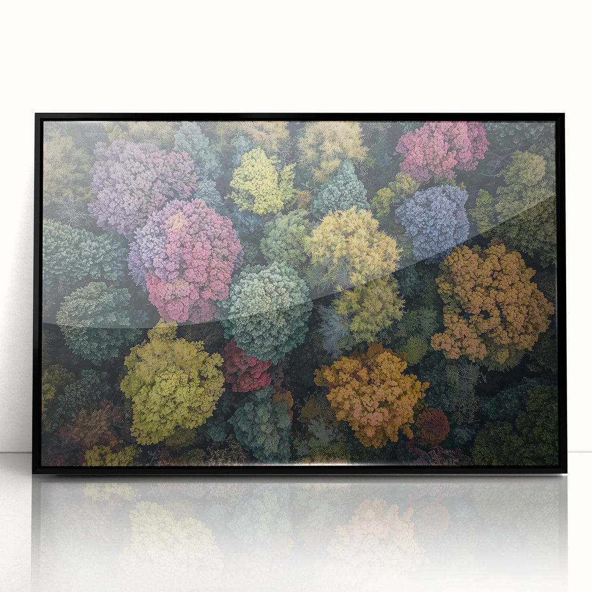Framed landscape acrylic art in black showcasing a vibrant, abstract design with a modern aesthetic, perfect for enhancing home decor and artistic spaces.