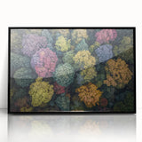 Framed landscape acrylic art in black showcasing a vibrant, abstract design with a modern aesthetic, perfect for enhancing home decor and artistic spaces.