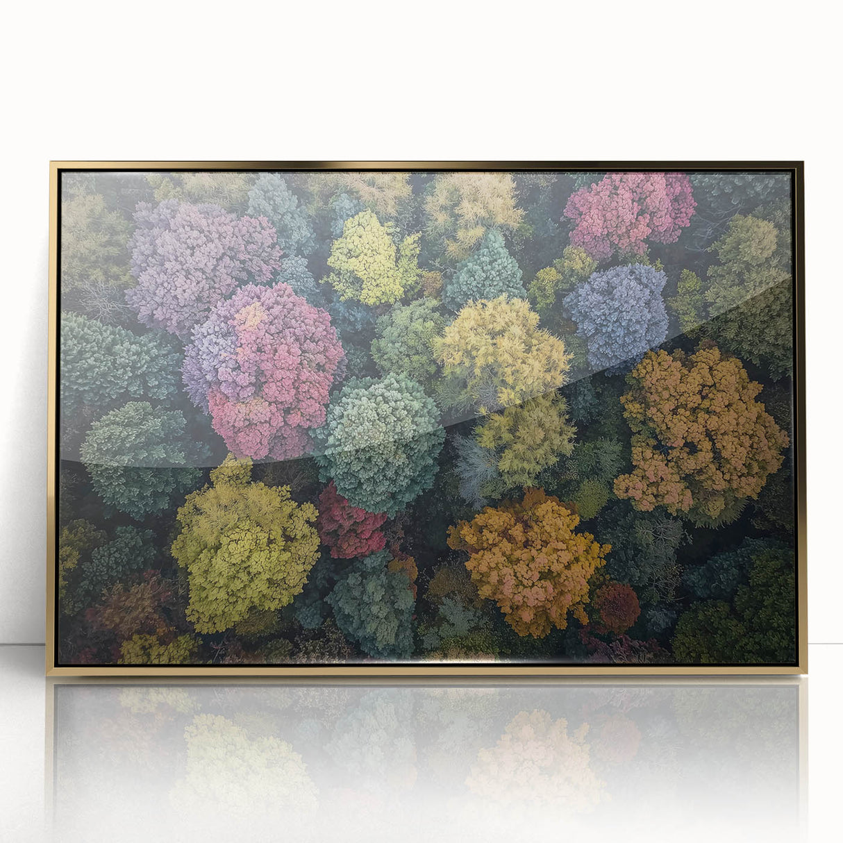 Framed landscape art print featuring a vibrant gold-accented design, set against a sleek black frame, ideal for modern home decor and gallery walls.