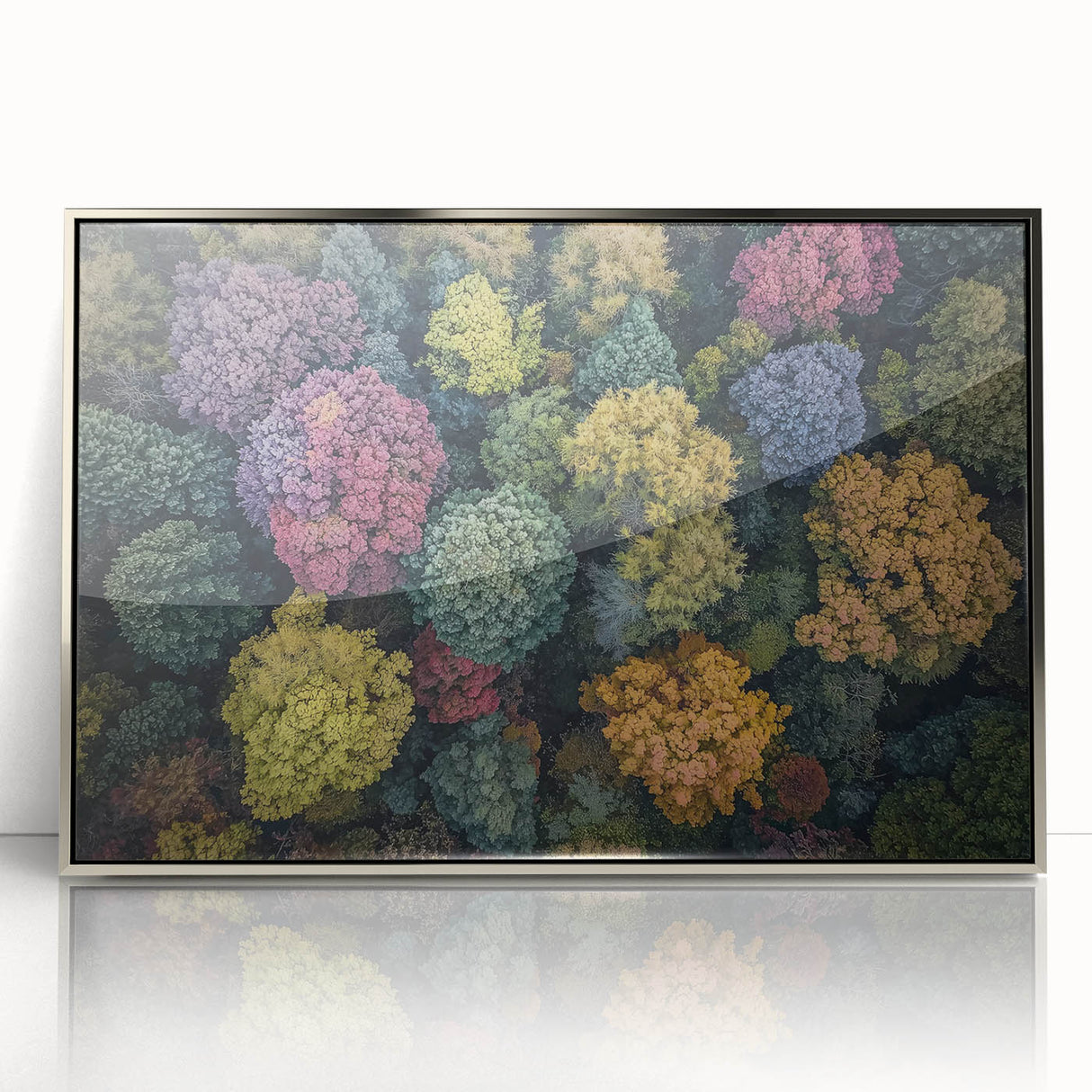 Framed acrylic landscape artwork featuring a silver color scheme with abstract designs. Ideal for modern home decor, enhancing aesthetic appeal in living spaces.