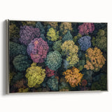 Framed canvas artwork showcasing a vibrant landscape design with silver edges, elegantly displayed from the side to highlight its modern aesthetic and quality craftsmanship. Perfect for enhancing home decor with a touch of contemporary art.