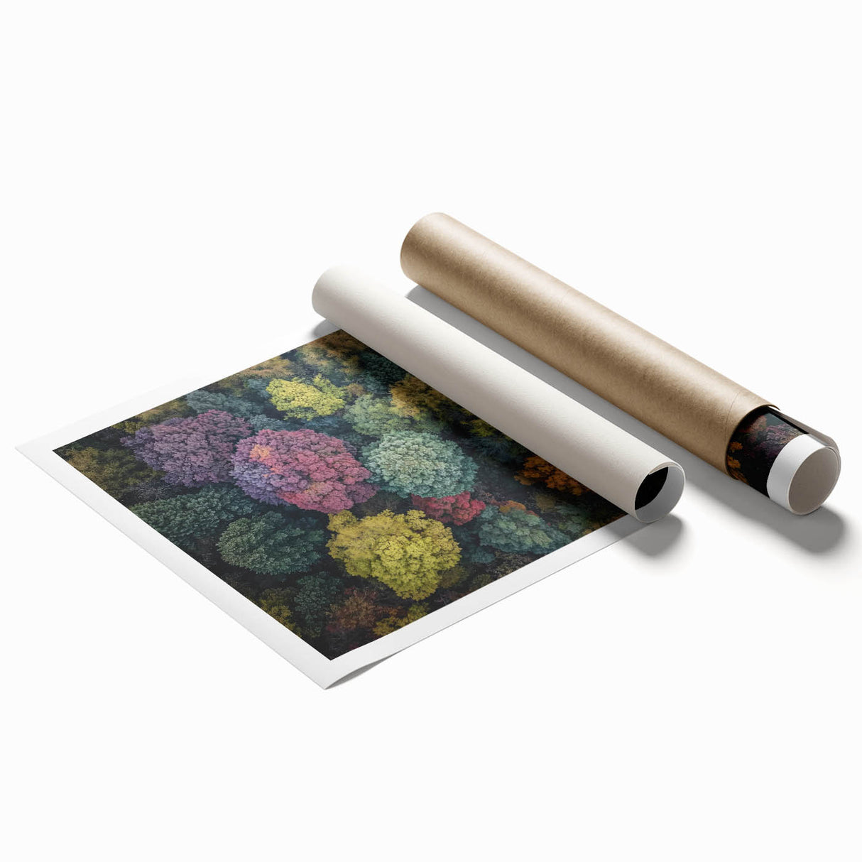 Rolled landscape print showcasing vibrant African tribal art with intricate patterns, featuring a textured surface for added depth, securely packaged in a protective cardboard tube.