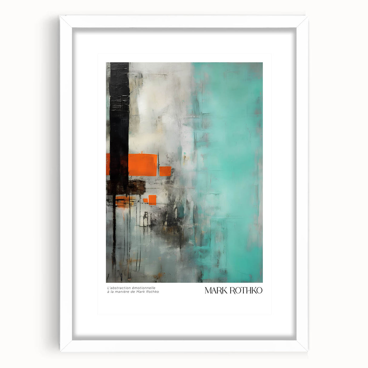 Abstract art print in vibrant red and orange tones on a white framed canvas, suitable for dining room or bedroom decor.