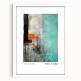 Abstract art print in vibrant red and orange tones on a white framed canvas, suitable for dining room or bedroom decor.