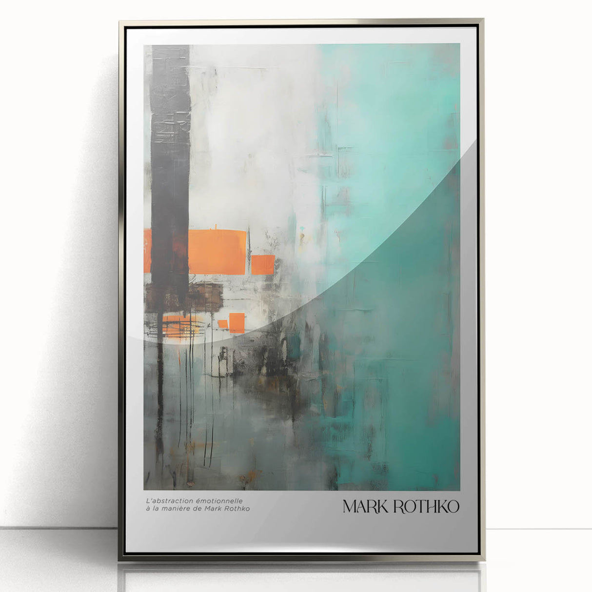 Mid-century modernist art depicting abstract blocks in blue and green on a framed acrylic, ideal for modern art wall decor.