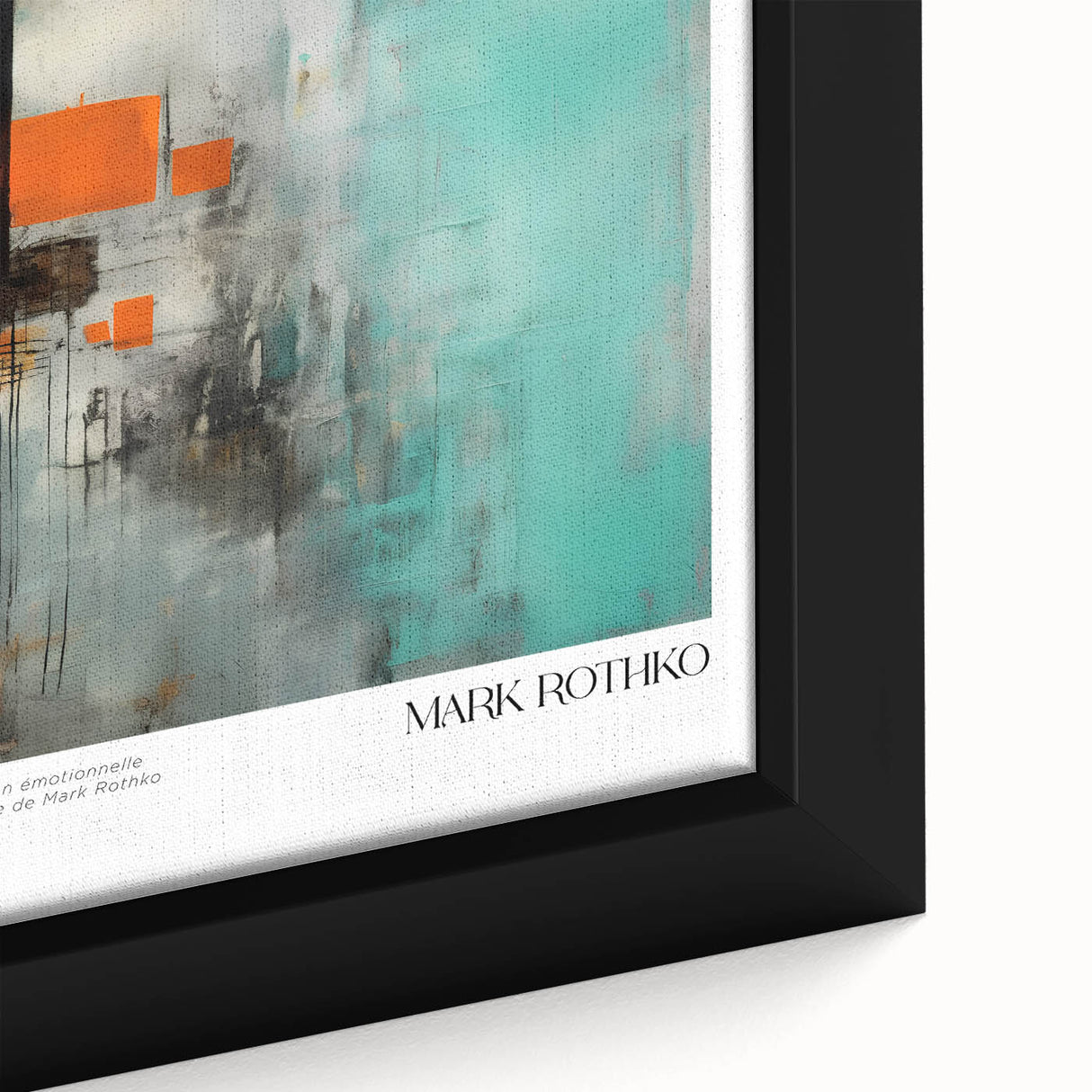 Extra large framed canvas featuring textured, colorful art with dominant black tones, suitable for living room decor.