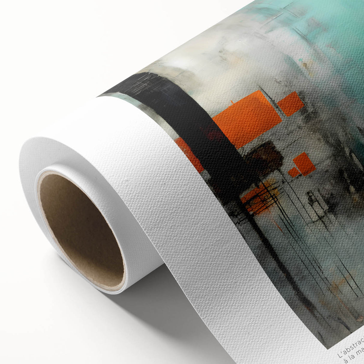 Art deco style poster featuring abstract blocks in muted blues and greens on rolled canvas, ideal for nursery wall art.