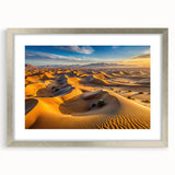 Abstract art print of an Algerian landscape in muted earth tones, silver-framed with mat, suitable for dining room decor.