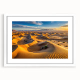 Extra large abstract art print depicting a textured African scenery in muted earth tones, framed with a white mat.