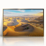 Mid-century modernist art depicting an abstract Algerian landscape in gold and brown tones on a framed acrylic panel.