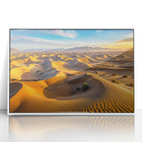 Large art print featuring a mid-century modernist Algerian landscape on white-framed acrylic.