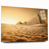 Large abstract wall art of Egyptian scenery in muted earth tones on acrylic glass, ideal for bedroom or dining room decor.
