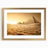 Textured abstract art print of an Egyptian landscape in gold and earth tones, framed with mat, ideal for bedroom art.