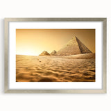 Abstract art print of Egyptian scenery in muted earth tones on a framed canvas, suitable for dining room decor.