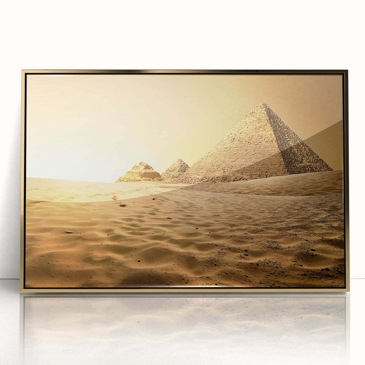 Mid-century modernist art depicting the Egyptian landscape in gold tones on a framed acrylic print.