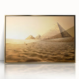 Mid-century modernist art depicting the Egyptian landscape in gold tones on a framed acrylic print.
