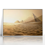 Acrylic print of the Egyptian landscape featuring pyramids, in muted earth tones, ideal for modern art wall decor.