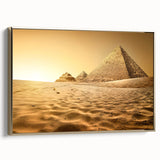 Framed canvas featuring a vintage-style Egyptian landscape in gold and black tones.