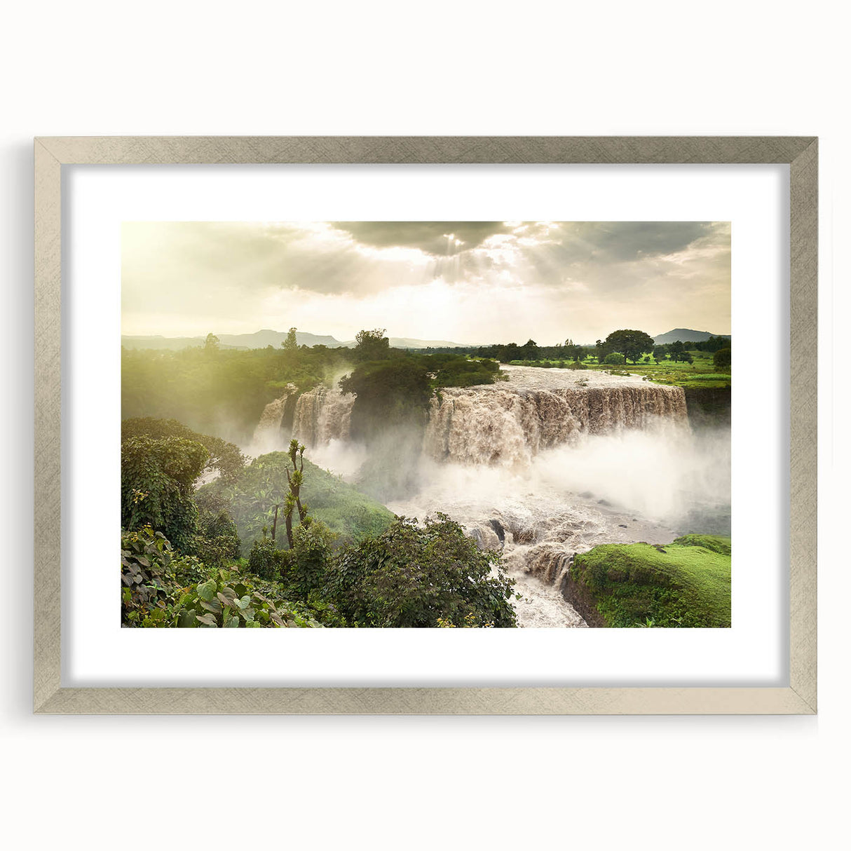 Abstract art print of an Ethiopian landscape in muted earth tones on a framed silver mat, suitable for dining room decor.