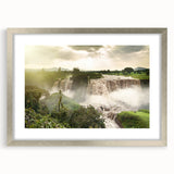 Abstract art print of an Ethiopian landscape in muted earth tones on a framed silver mat, suitable for dining room decor.