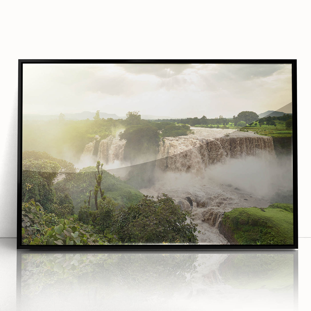 Large abstract wall art depicting an Ethiopian landscape in muted earth tones on a framed acrylic.