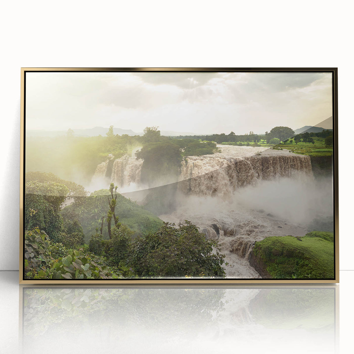 Mid-century modernist art depicting Ethiopian scenery in gold tones, acrylic framed, suitable for nursery wall art.