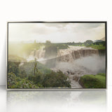 Art deco poster of Ethiopian scenery in muted earth tones on a silver-framed acrylic, ideal for modern art wall decor.