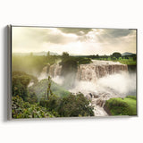 Vintage poster art of an Ethiopian landscape on framed canvas, featuring vibrant color palette, ideal for living room decor.