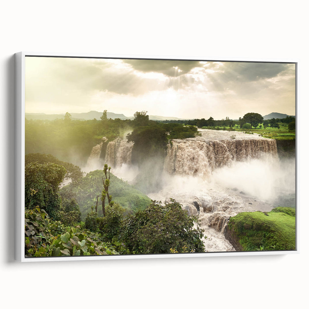Framed canvas depicting an Ethiopian landscape in muted earth tones, suitable for bedroom wall art.