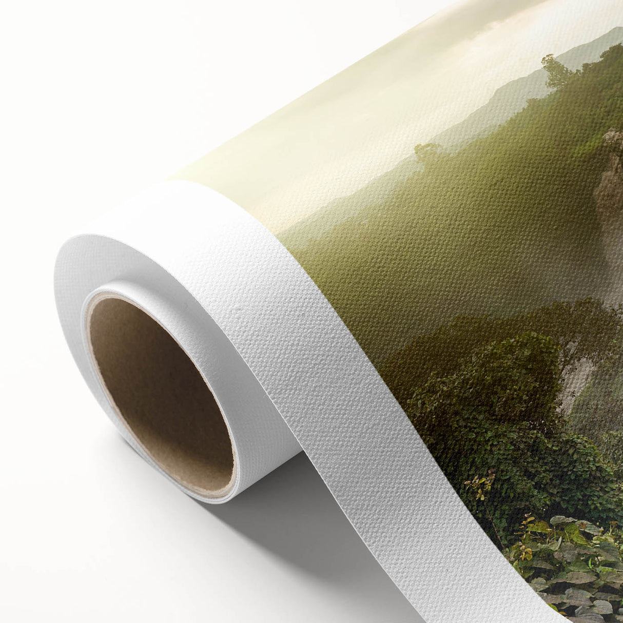 Art deco poster of an Ethiopian landscape on rolled canvas, featuring muted earth tones, ideal for nursery wall art.