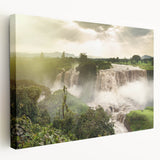 Side view of a large stretched canvas depicting an Ethiopian landscape in earthy tones, suitable for kitchen wall art.