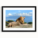 Extra large colorful art print of abstract African scenery in vibrant hues, framed with a black mat.