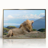 Mid-century modernist art depicting a serene Kenyan landscape in gold and green tones, framed acrylic.