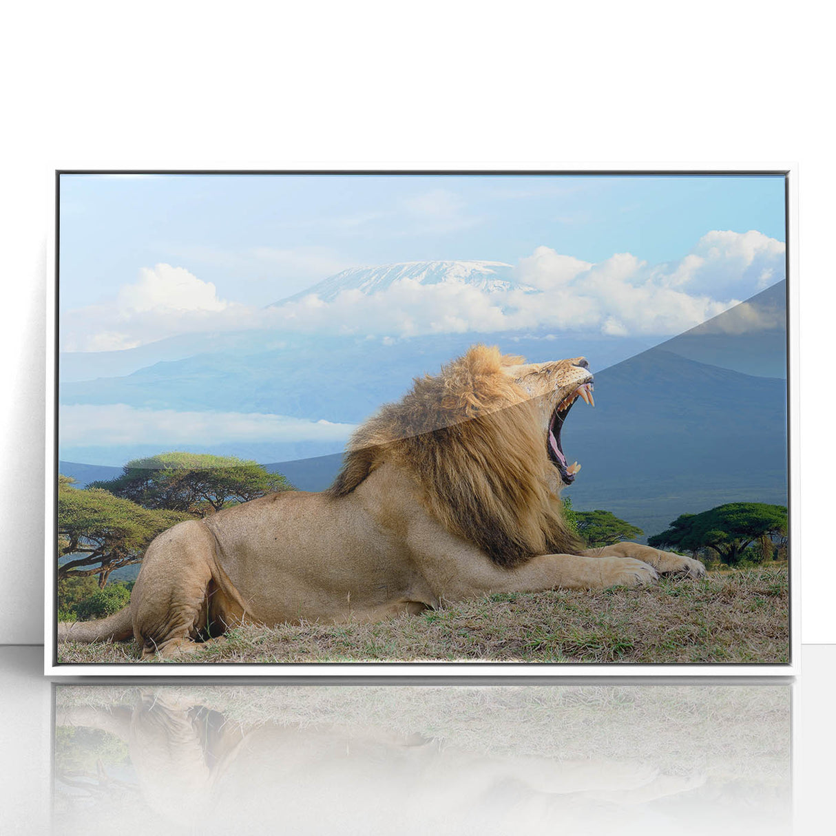 Acrylic print of a Kenyan landscape with vivid green tones and wildlife, framed in white.
