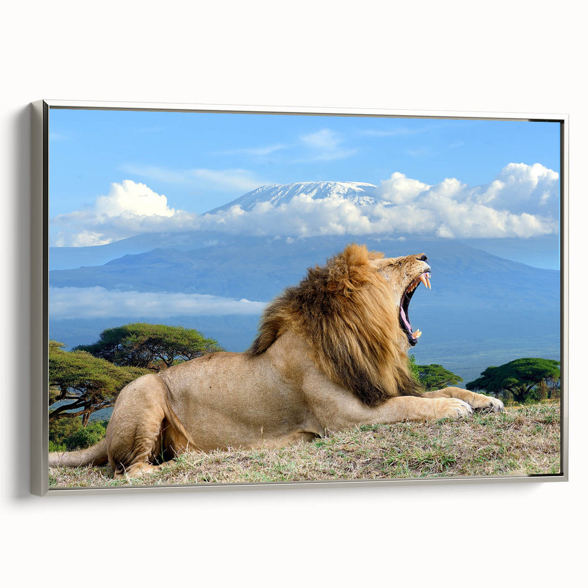 Vintage poster art of a Kenyan landscape on a framed canvas, featuring vibrant colors, ideal for living room decor.