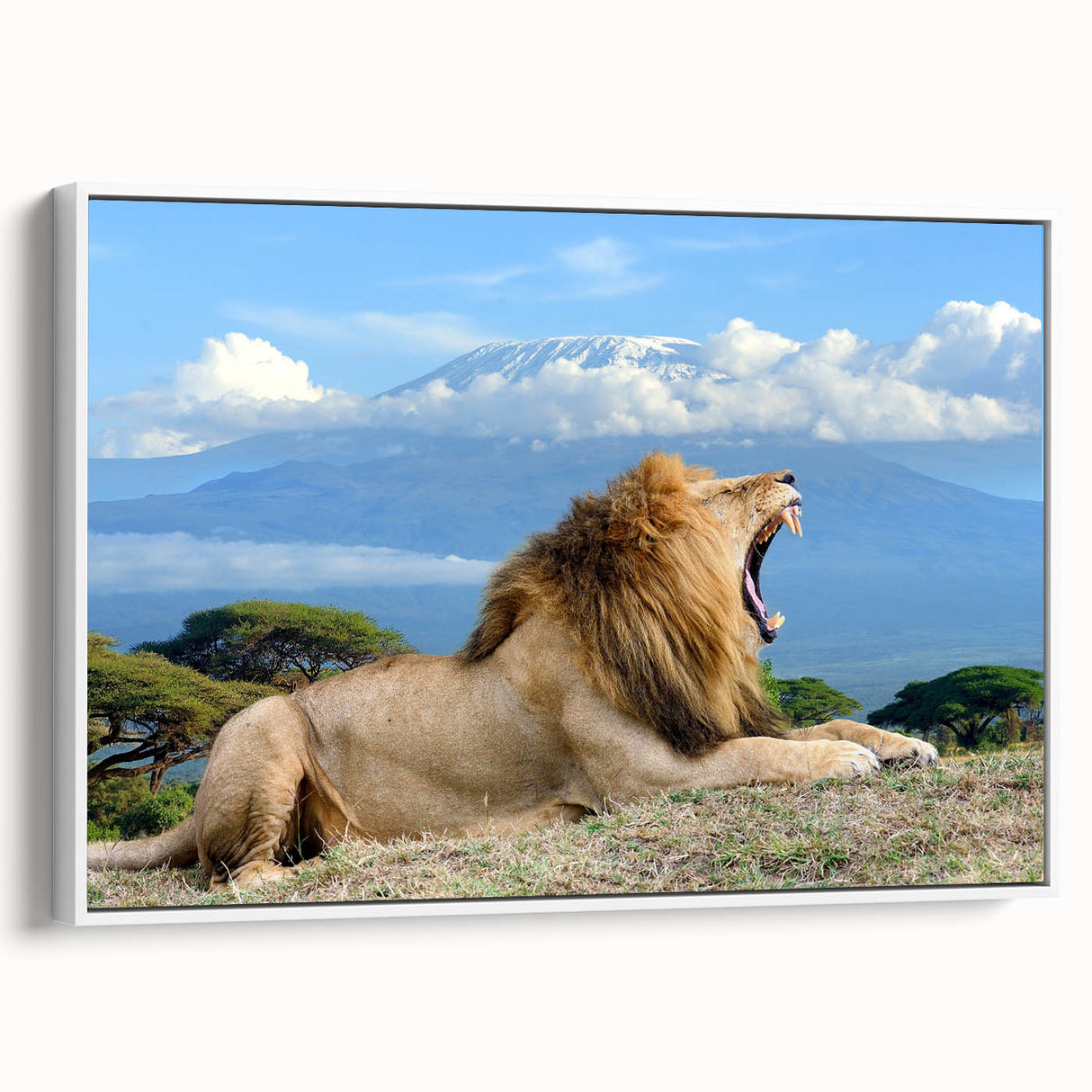 Framed canvas wall art featuring a vintage-style Kenyan landscape in muted earth tones, ideal for bedroom decor.