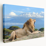 Large stretched canvas depicting a serene African savannah landscape in muted earth tones, suitable for kitchen wall art.