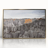 Mid-century modernist art depicting a stylized Madagascar scenery in gold and green on a framed acrylic.