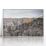 Large art print of a Madagascar landscape in mid-century modernist style, featuring earth tones, framed in white acrylic.