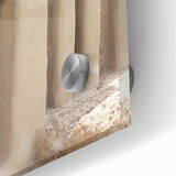 Large abstract wall art depicting an African scenery in muted earth tones on acrylic glass, ideal for dining room ambiance.