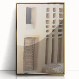 Mid-century modernist art depicting an African Mali landscape in muted earth tones on a framed acrylic panel.