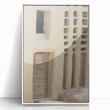 Large art print of a Mali scenery in mid-century modernist style, displayed in a white acrylic frame.