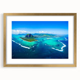 Textured abstract art print depicting a serene Mauritius landscape in muted earth tones on a framed canvas.