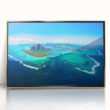 Mid-century modernist art depicting a serene Mauritius landscape in acrylic, framed in gold, ideal for nursery wall art.