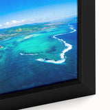 Extra large black wall art featuring a textured, colorful Mauritian landscape on framed canvas, ideal for living room decor.