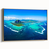 Framed canvas featuring a vintage-style landscape painting of Mauritius with colorful art on a black background.