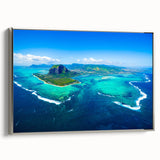 Framed canvas of vintage poster art depicting a colorful Mauritian landscape, ideal for living room decor.