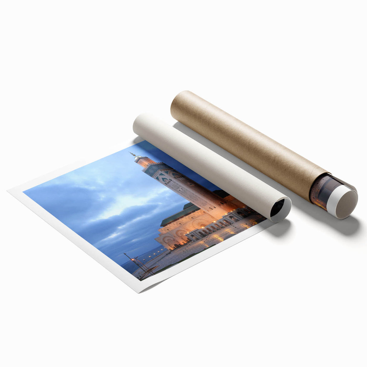 Extra large rolled print of Moroccan scenery with floral accents in muted earth tones.