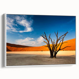 Framed canvas depicting a serene Namibian landscape in muted earth tones, ideal for bedroom wall art.