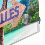 Large abstract wall art depicting the Seychelles scenery in vibrant blues and greens on acrylic glass.
